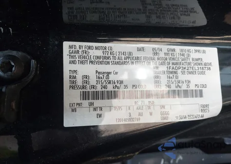 2014 Ford Focus Se из США, поврежденный, VIN 1FADP3K27EL318738